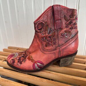 Vintage Red Leather Floral Embroidered Ankle Boots With Side Zipper & Distressed
